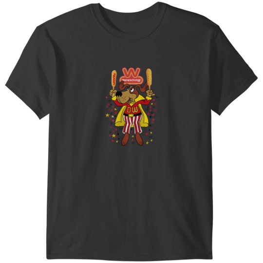 Discover 60s Wienerdog Defunct Wienerschnitzel Dachshund Fast Food Mascot with Corn Dogs and Logo T-Shirts