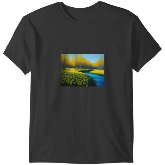 Discover Yellow springtime daffodils by the blue woods stream New Eng land floral landscape nature painting Ac T-Shirts