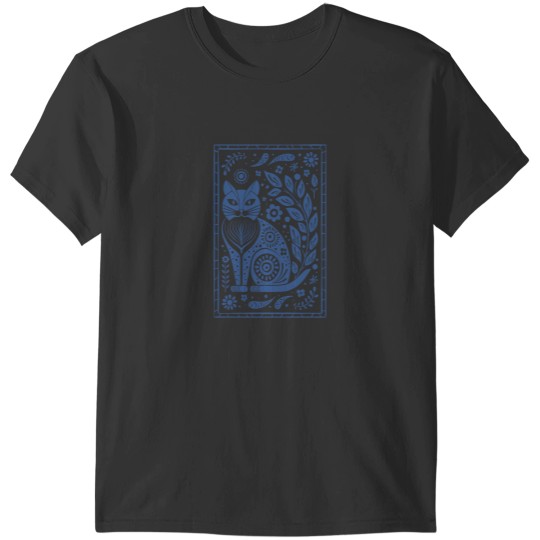Discover folk art sassy cat and flowers in denim blue Long T-Shirts