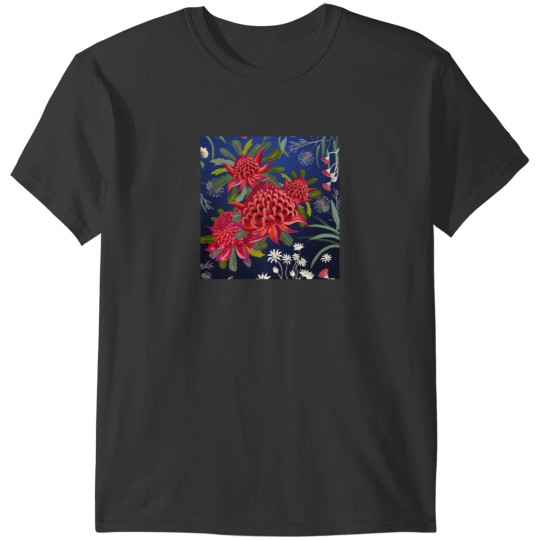 Discover Botanical Australian Native Flowers Waratah Forals Red Blue Bright Contemporary Art T-Shirts