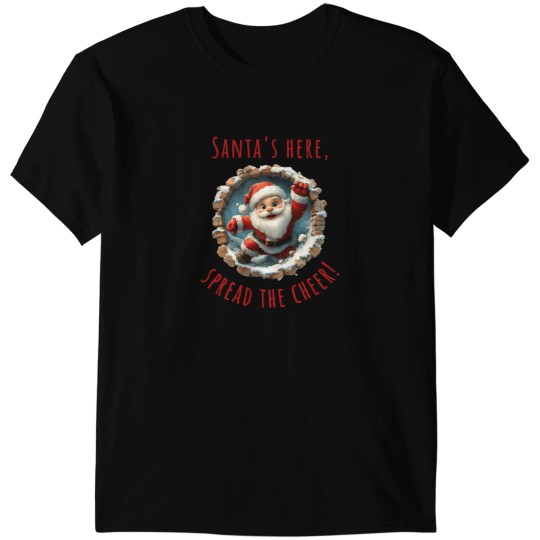 Discover 3D Cartoon Santa Claus Breaking Wall.  Santa'S Here Spread The Cheer. T-Shirts