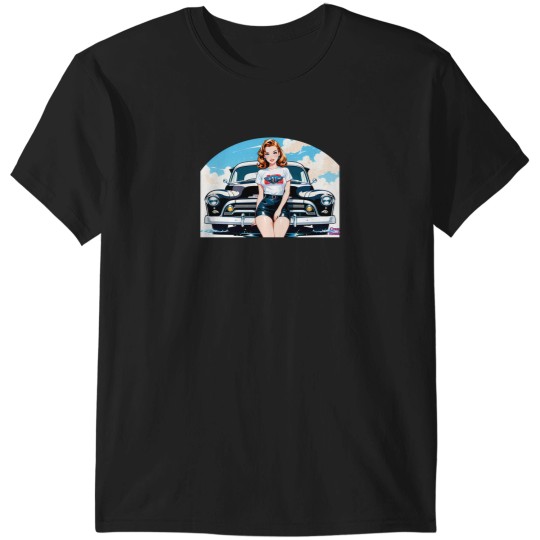 Discover Pin-Up Girl Posing Next To A Vintage Car. T-Shirts