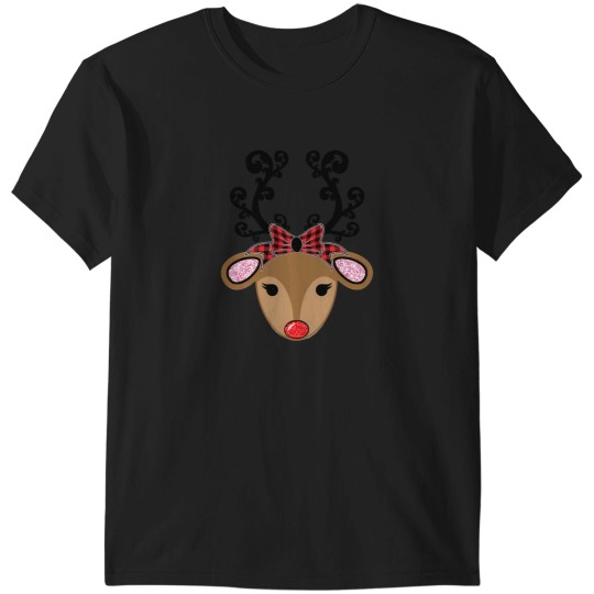 Discover Adorable Reindeer With Red Plaid Bow And Glitter Christmas Design T-Shirts