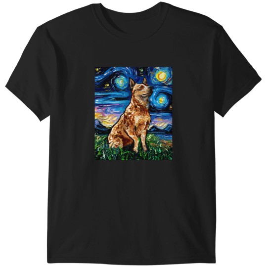 Discover Red Heeler Starry Night Cattle Dog Colorful Art by Aja T-Shirts