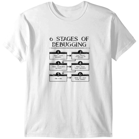 Discover 6 Stages Of Debugging T-Shirts
