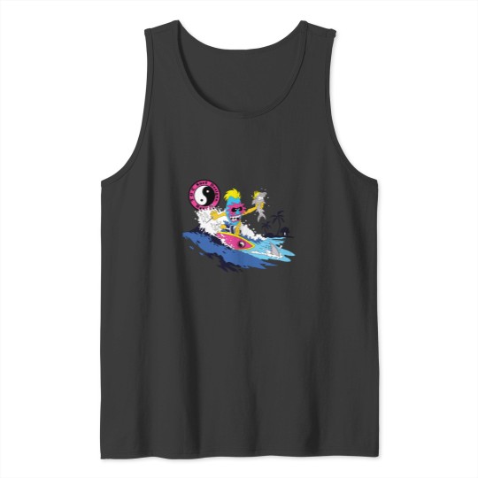 Discover T and C Tiki Guy Surfing Town and Country Surf Designs Hawaii Tiki surfing with Sharks Tank Tops