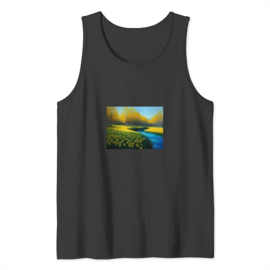 Discover Yellow springtime daffodils by the blue woods stream New Eng land floral landscape nature painting Ac Tank Tops