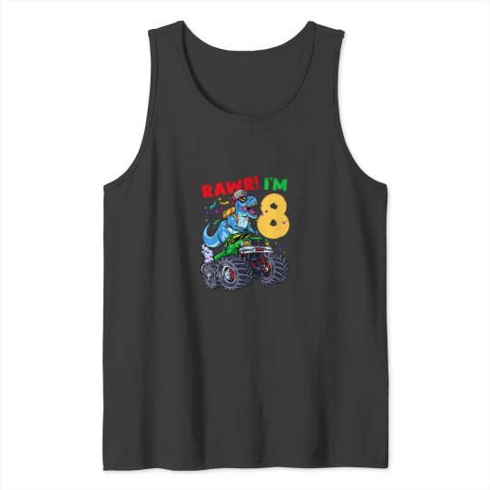 Discover Kids 8th Birthday Monster Truck Dinosaur TRex Eight Tank Tops