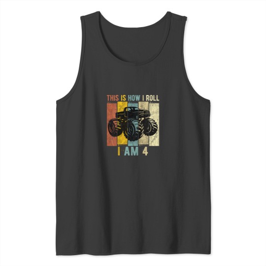 Discover Kids 4 Year Old Birthday Boy Monster Truck 4th Birthday Tank Tops