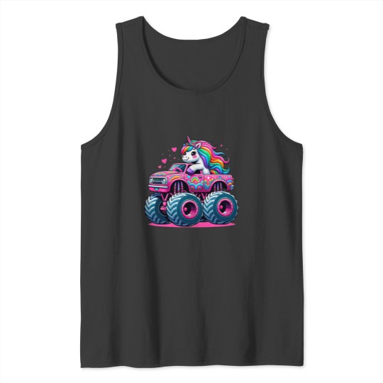 Discover Funny Cute Unicorns Riding A Pink Monster Truck Tank Tops