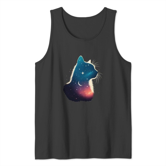 Discover Cosmic Cat Silhouette Galaxy Space Feline Lover Celestial Design Tank Tops