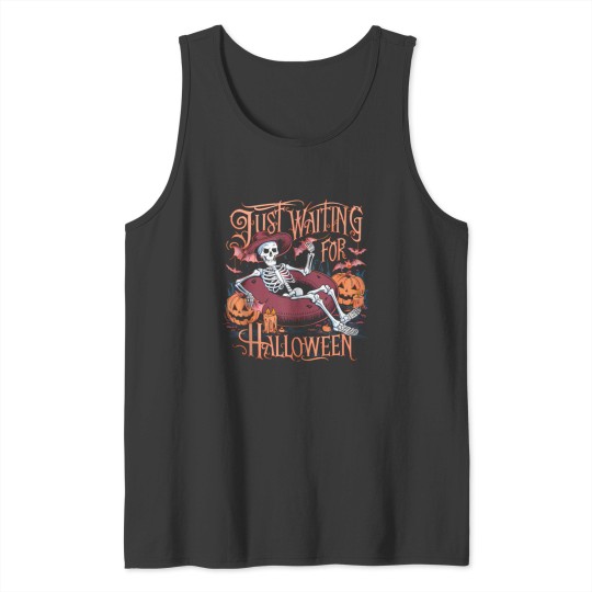 Discover Just Waiting for Halloween Skeletonn Funny Spooky Pumpkin Tank Tops