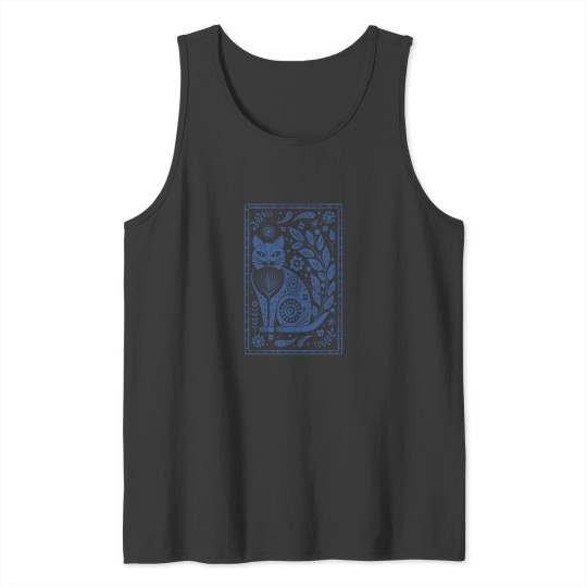 Discover folk art sassy cat and flowers in denim blue Long Tank Tops