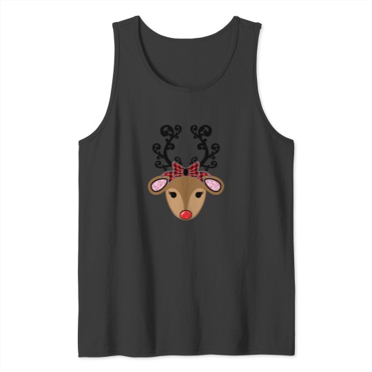 Discover Adorable Reindeer With Red Plaid Bow And Glitter Christmas Design Tank Tops