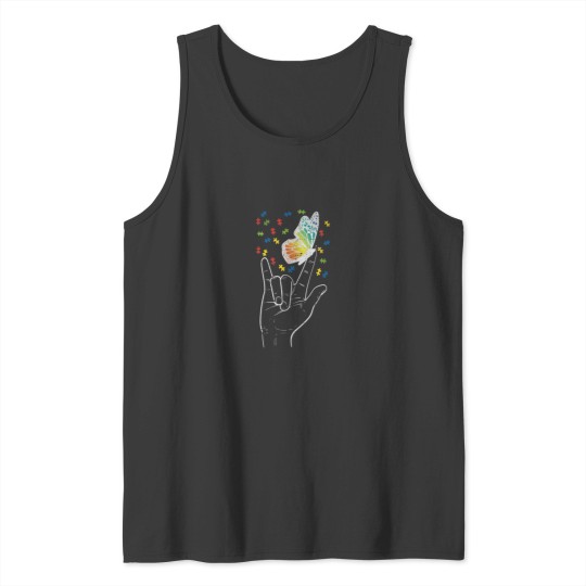Discover Asl Love Sign Butterfly Puzzle Autism Awareness Tank Tops