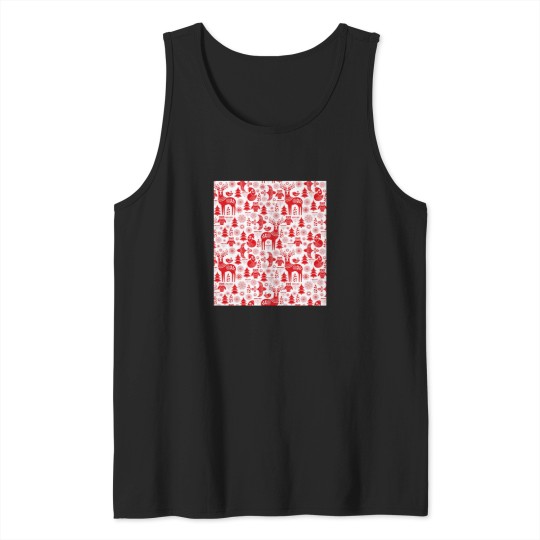 Discover Christmas Seamless Pattern With Deer Owls Foxes And Birds In White And Red Scandinavian Style Folk Art Tank Tops