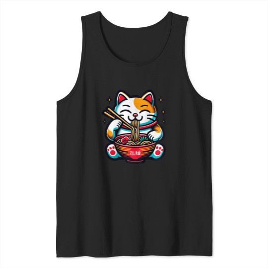 Discover Maneki neko Beckoning Cat Of Good Luck Eating Ramssen Funny Tank Tops