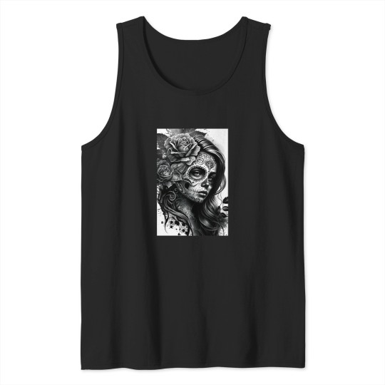 Discover Black and White Day of the Dead Girl Tattoo Style Art Print Tank Tops