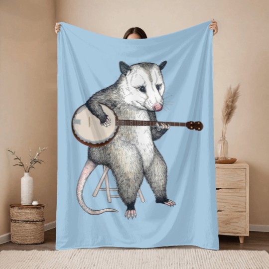 Discover Opossum Playing Banjo Guitar Possum Live Weird Trash Kitty Throw Blankets