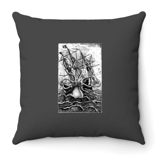Discover Vintage Kraken attacking ship illustration with white background Throw Pillows