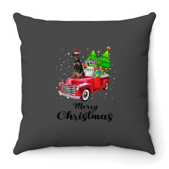 Discover Doberman Pinscher Ride Red Truck Christmas Pajama Throw Pillows