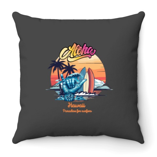 Discover Aloha, Hawaii, paradise for surfers,cool graphic with hawaiian "shaka" gesture Throw Pillows