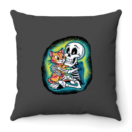 Discover HALLUAN-skeleton hugging cat hoddie design digital art Throw Pillows