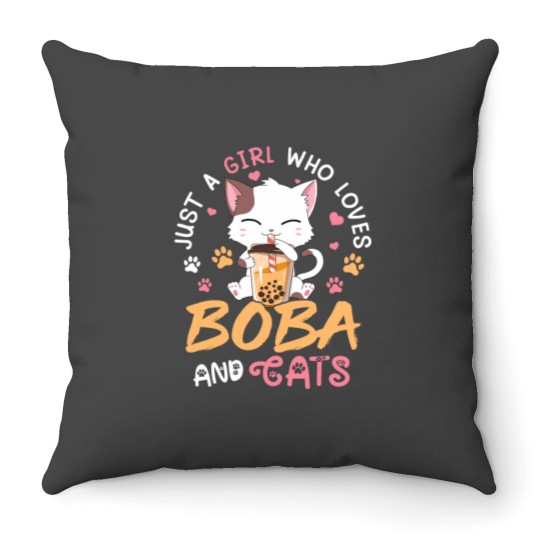 Discover just a girl who loves boba and cats bubble tea kawaii anime Throw Pillows