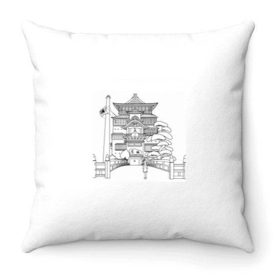 Discover Spirited Away Bathhouse with Chihiro but a simple line drawing Classic Throw Pillows