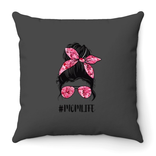 Discover Flower Mom Life Messy Bun Hair Sunglasses Pink Mothers Day Throw Pillows