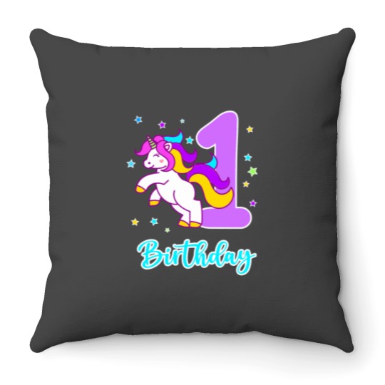 Discover Cute Cartoon Unicornss 1st Birthday Celebration Throw Pillows