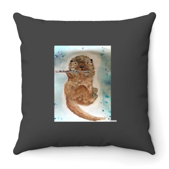 Discover Watercolor Otter Playing the Flute Throw Pillows