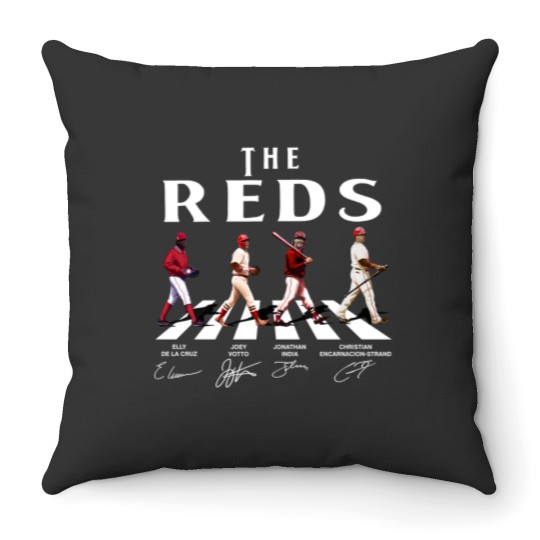 Discover Reds Walking Abbey Road Signatures Baseball Throw Pillows, Elly De La Cruz, Votto, Jonathan India