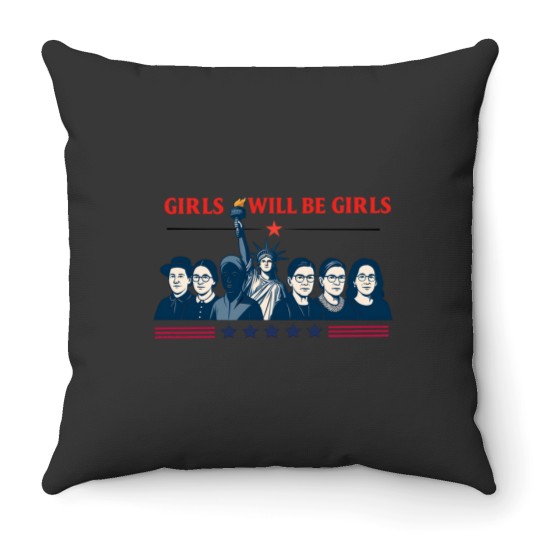 Discover Girls Will be Girls Comfort Colors Throw Pillows, Patriotic Feminist 4th of July Throw Pillows