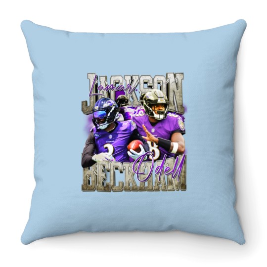Discover Lamar Jackson OBJ Odell Beckham Jr Baltimore Football Throw Pillows, Ravens Football Throw Pillows