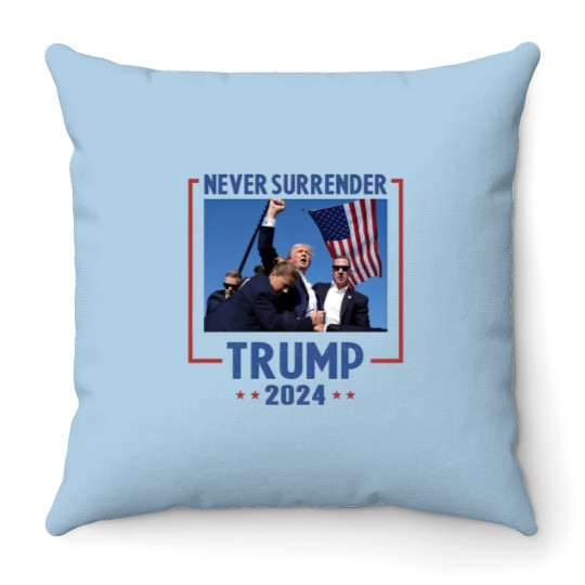 Discover Never Surrender Trump 2024 Throw Pillow - Shooting & Assassination Design