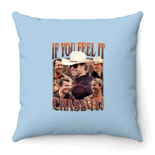 Discover If You Feel It, Chase It , Glen Powell as Tyler Owens Unisex Softstyle Vintage Throw Pillows
