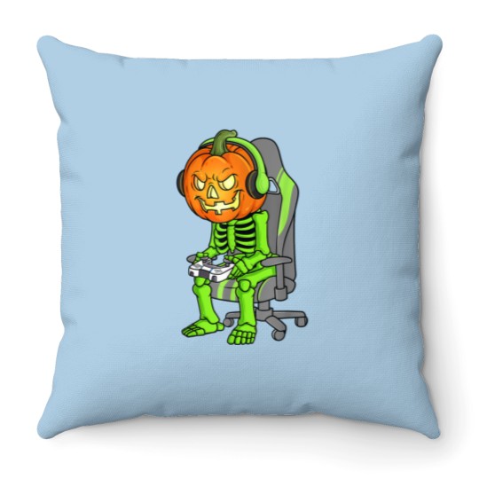 Discover Gaming Halloween Skeleton Jack O Lantern Gamer Boy Throw Pillows