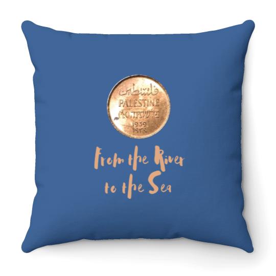 Discover 1939 Palestinian Coin Throw Pillows with From the River to the Sea as a Caption