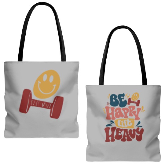 Discover Be Happy Lift Heavy  Tote Bags (AOP), Fall Workout Apparel, Gift for Gym Lover, Workout Gift, Funny Weightlifting Tote Bags (AOP)