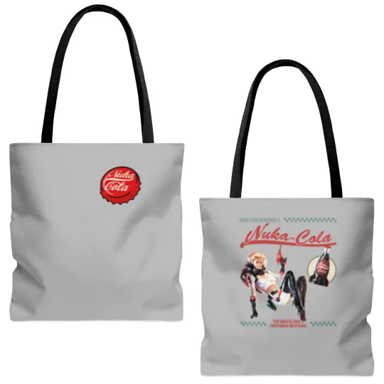 Discover Falllout Graphic Tote Bags (AOP),  Nuka Cola Bottle Cap with Vintage Ad on Back, Video Game Tote Bags (AOP)