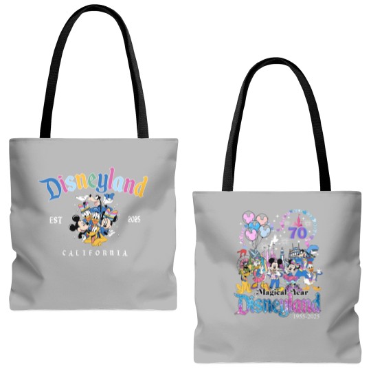 Discover Disneyyland 70th anniversary Tote Bags (AOP), Mickeyy & friends Disneyyland castle 1955-2025 Tote Bags (AOP)