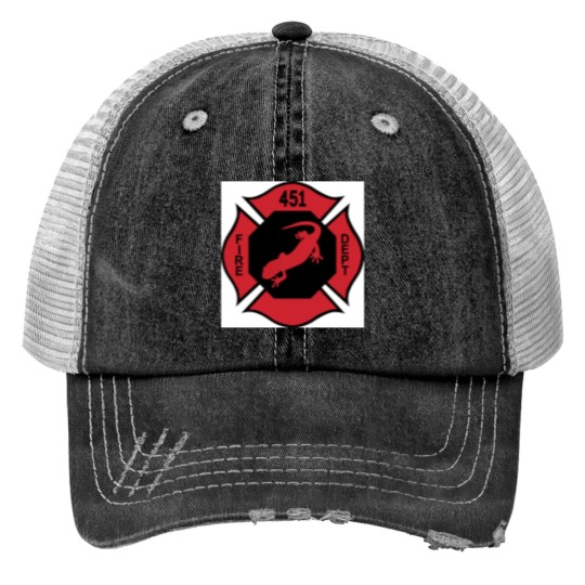 Discover Firemen Logo - Fahrenheit 451 Black and Red with White background Trucker Hats