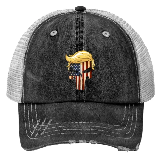 Discover Skull With Iconic Trump Hair America Flag Heart Print Trucker Hats