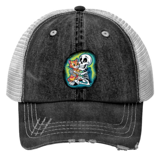Discover HALLUAN-skeleton hugging cat hoddie design digital art Trucker Hats