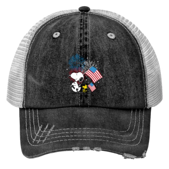 Discover Peanutsss Snoopy Woodstock American Flags Fireworks Trucker Hats