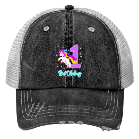 Discover Cute Cartoon Unicornss 1st Birthday Celebration Trucker Hats