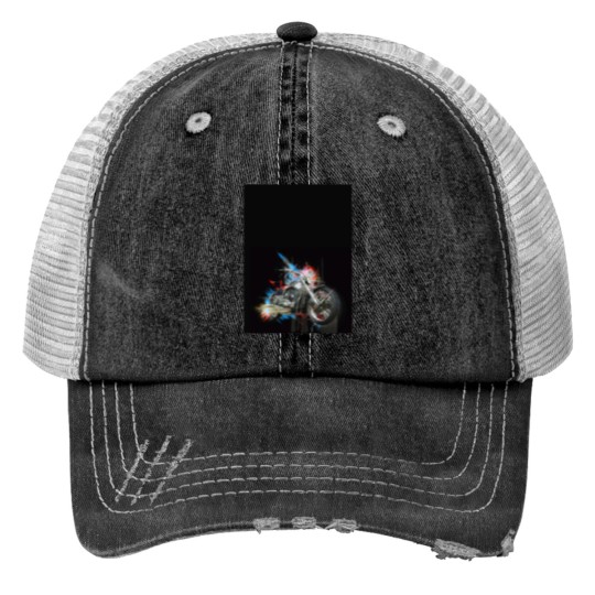 Discover Chrome motorcycle with colorful abstract element on black background Graphic Trucker Hats