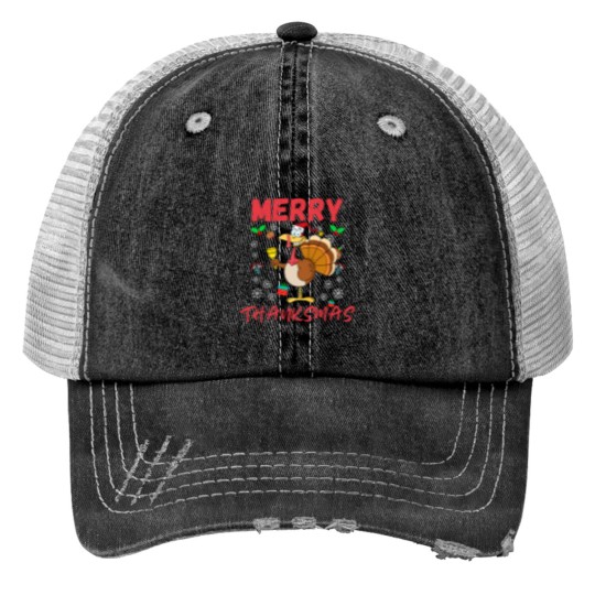 Discover Merry Thanksmas Funny Thanksgiving and Christmas 2024 Combo Trucker Hats