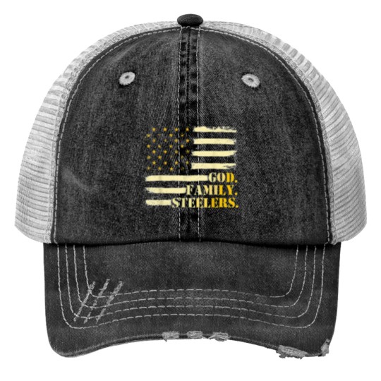 Discover American Flag God Family steelersss Military Veteran Essential Trucker Hats